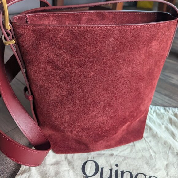 Quince Italian Suede Bucket Crossbody Leather Bag Merlot Burgundy Brass Minimal - Picture 5 of 13